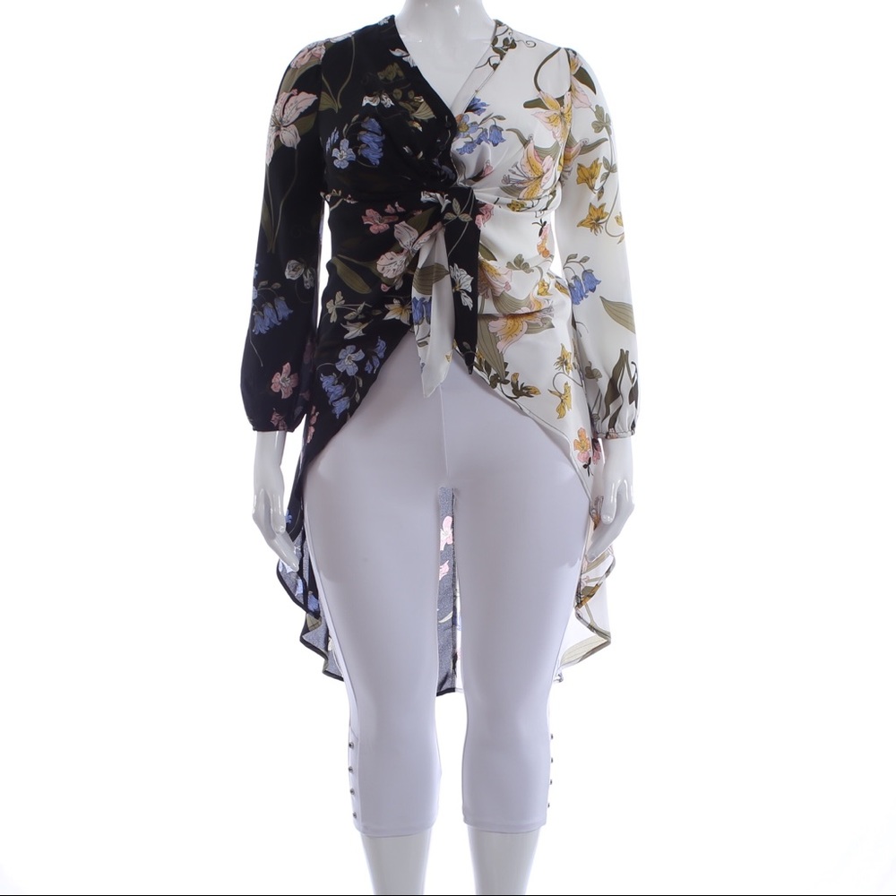 New York & Co Floral BLK|WHT Hi Low Tie Blouse